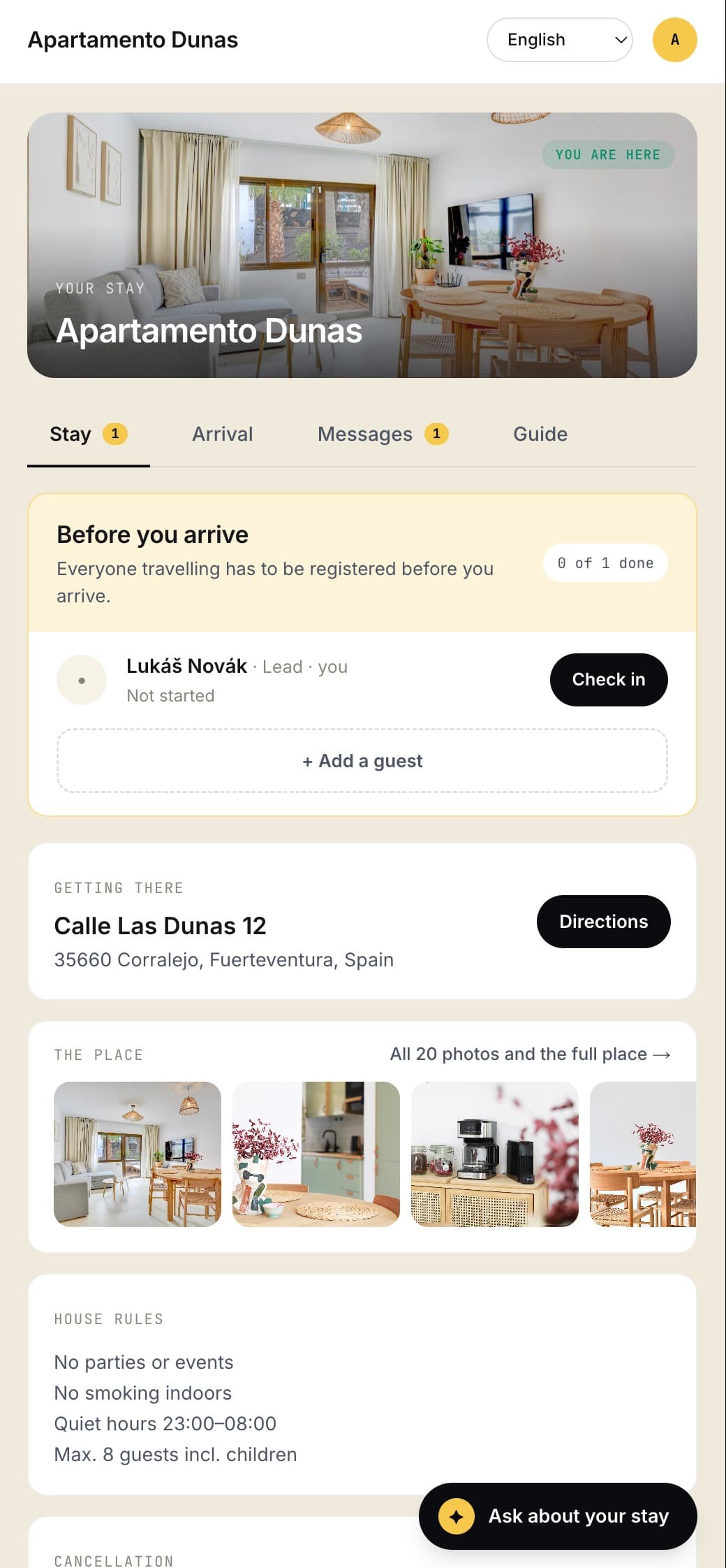 The guest stay page on a phone